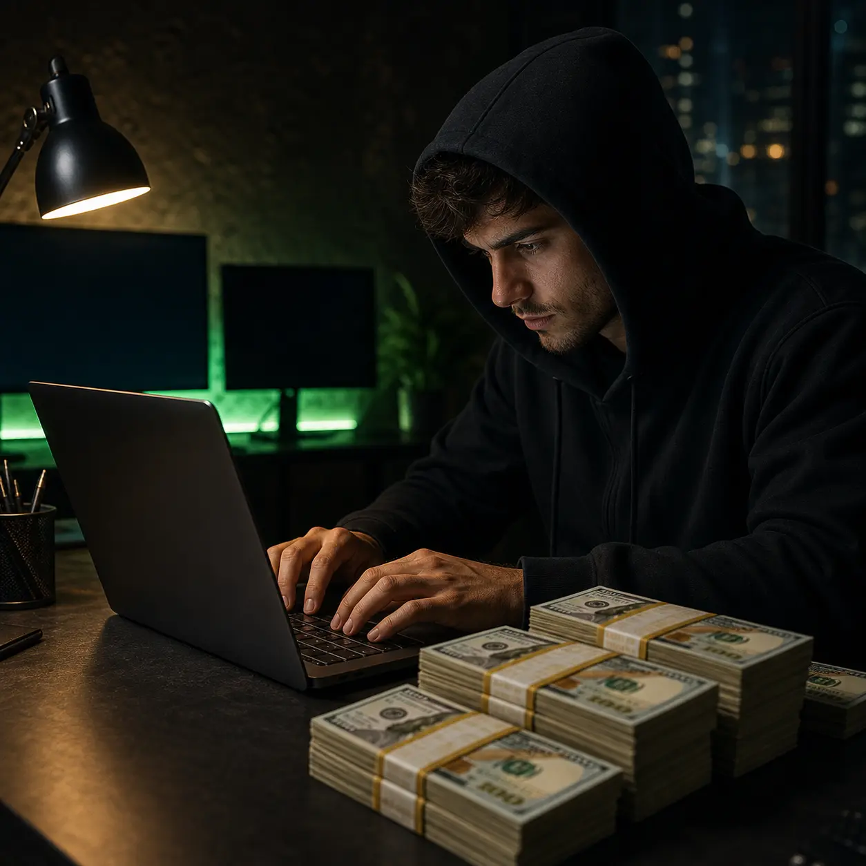 Affiliate marketer working on a laptop with stacks of cash